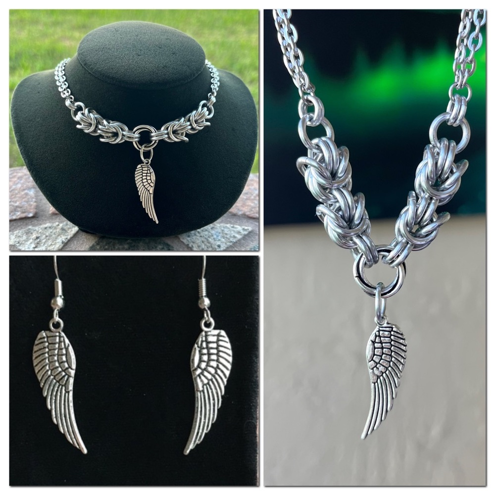 Set ! Handmade maille choker necklace with angel wing + earrings boho valentine